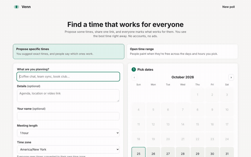 Creating a poll, answering it, and picking the time everyone can make