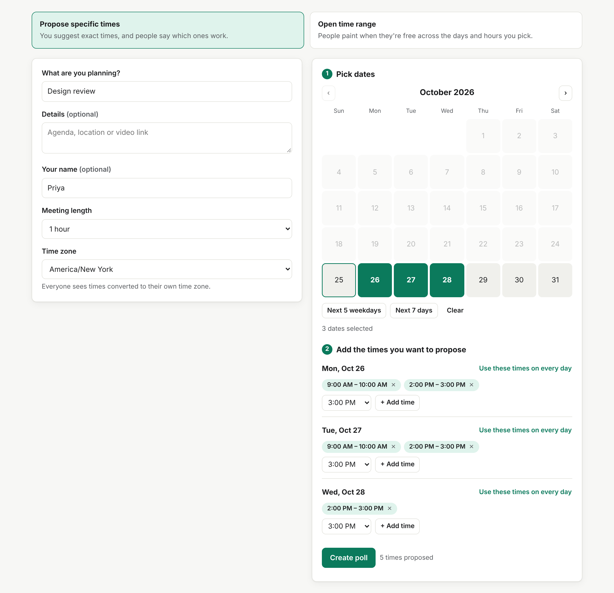 Creating a poll: picking dates and adding times